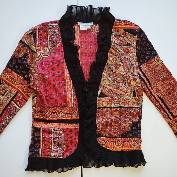 Alberto Makali Ruffled Open Jacket Sequins Lightweight Crinkle  Sz Medium Boho - Picture 1 of 9